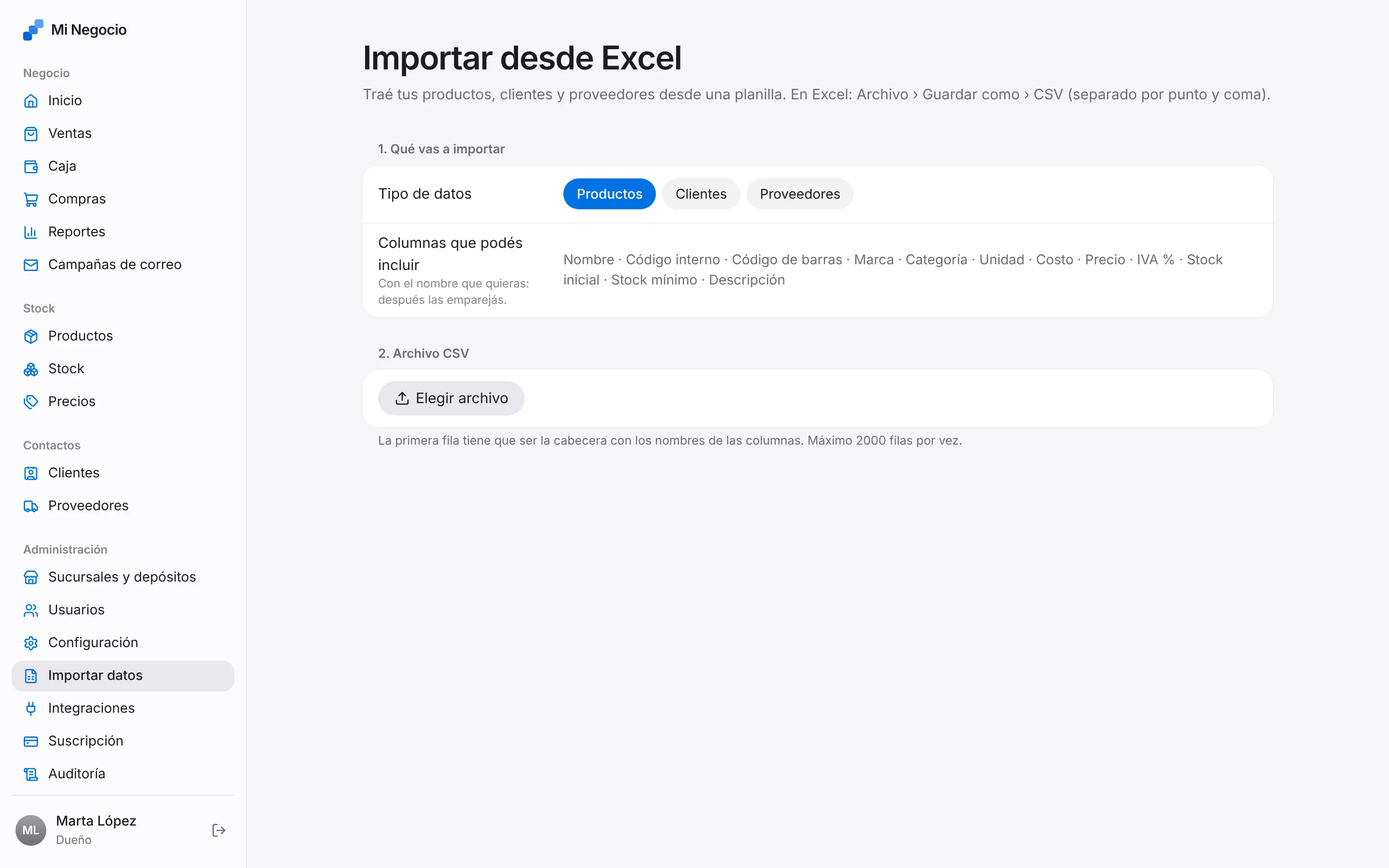 Pantalla de Importar datos