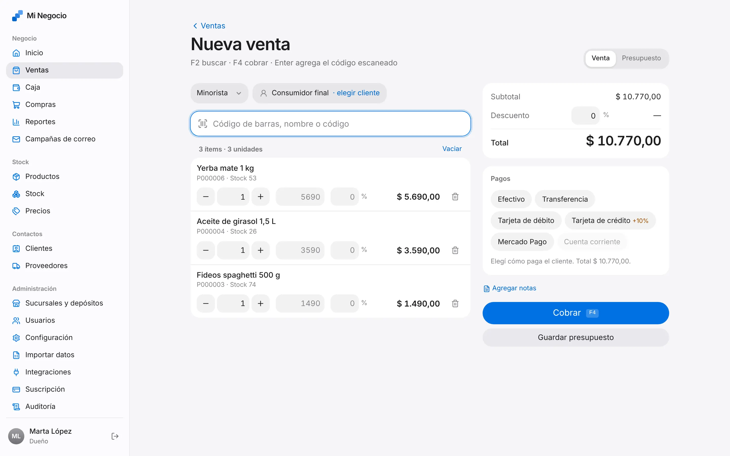 Pantalla de Punto de venta
