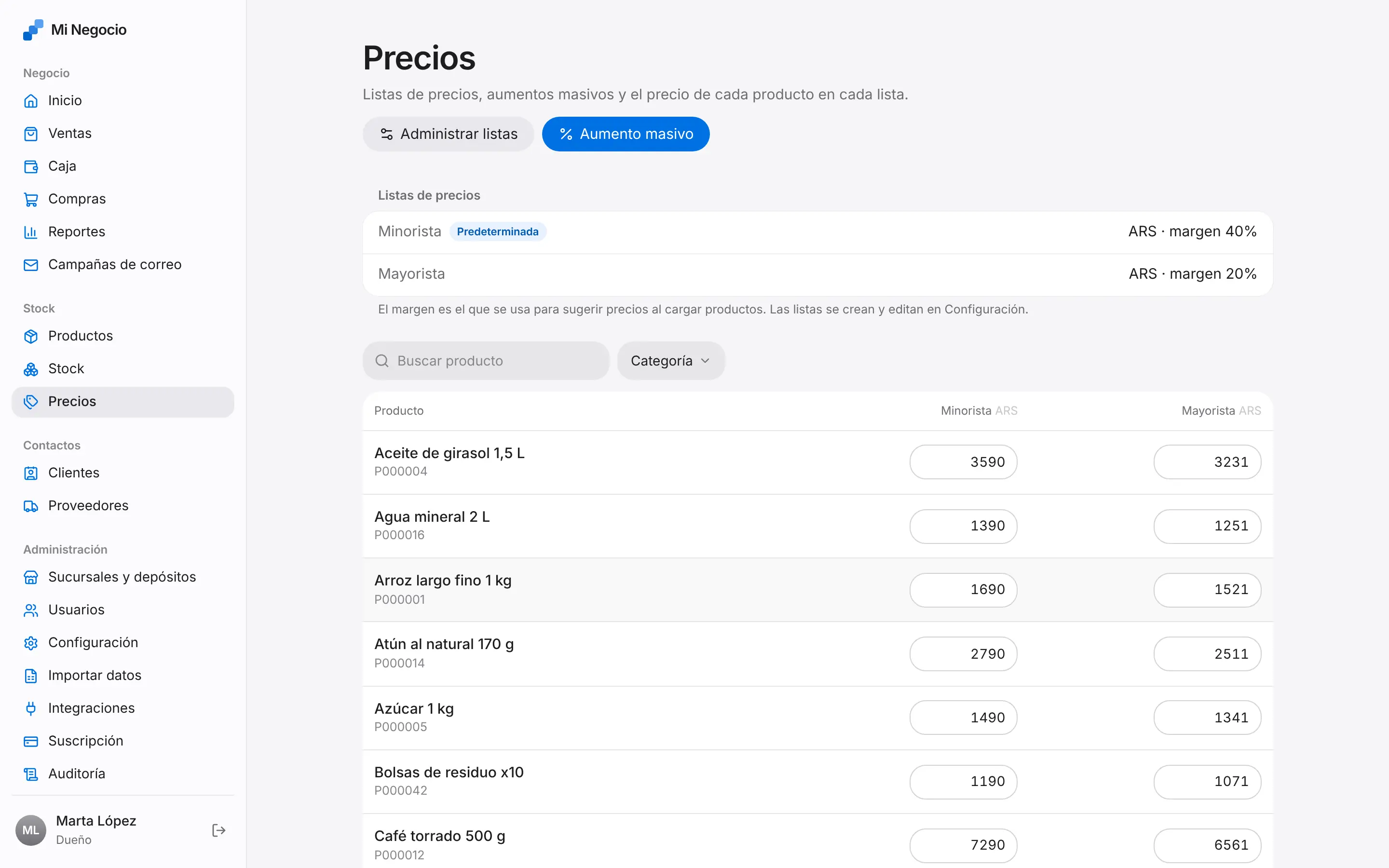 Pantalla de Listas de precios