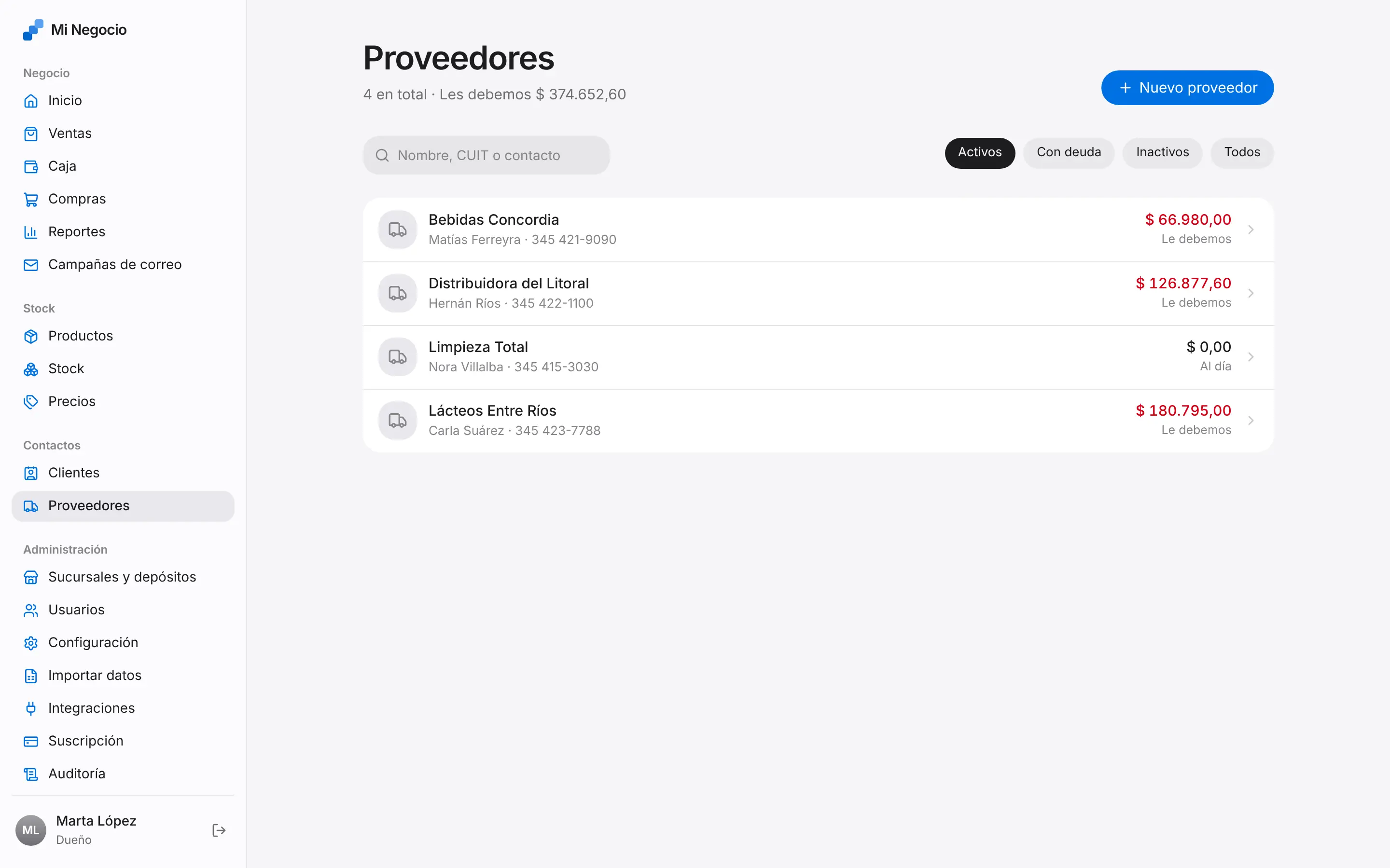 Pantalla de Proveedores